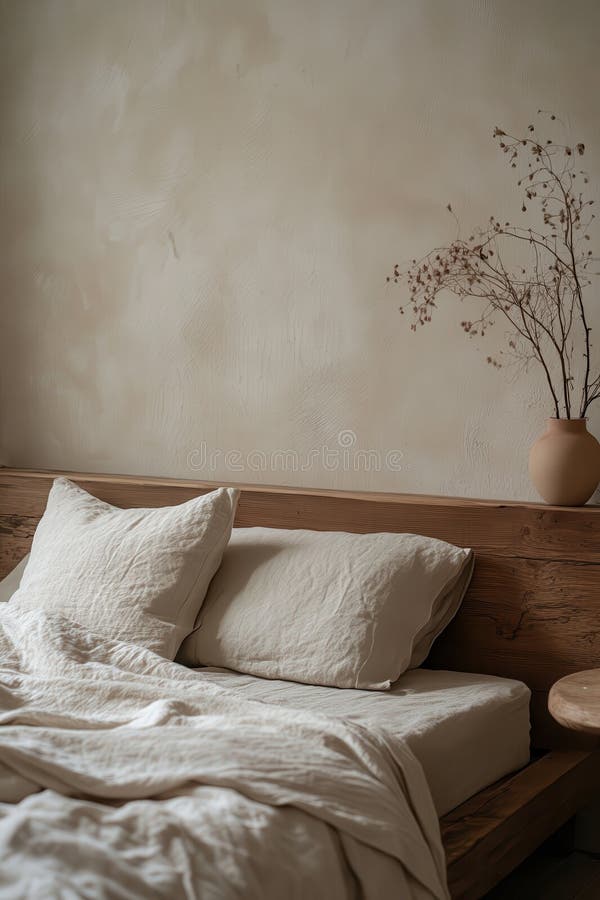 Serene japandi inspirerade sovrum med neutrala toner stock illustrationer
