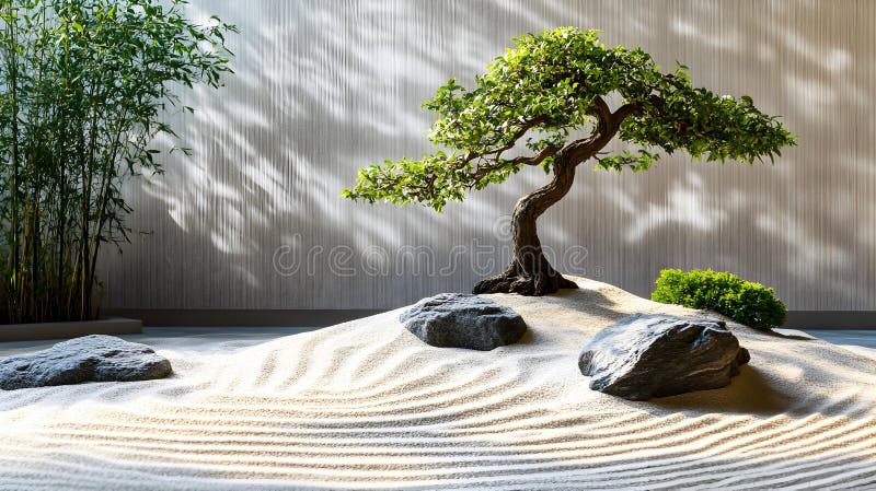 A Serene Japanese Zen Garden Featuring a Bonsai Tree, Rocks, and
