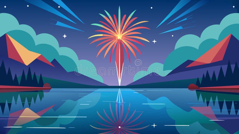 A serene lake offering a perfect viewing point for the majestic fireworks its still waters reflecting the bursts of light and colors in the sky.. Vector illustration AI generated