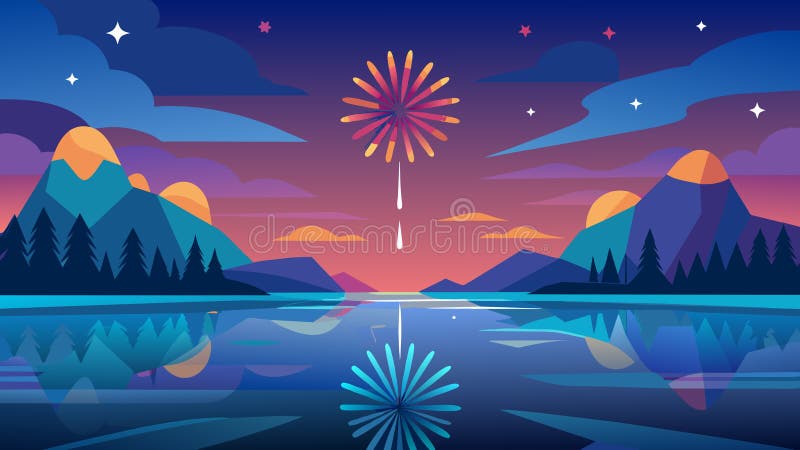 A serene lake serving as the backdrop for a magnificent fireworks show with its tranquil waters perfectly mirroring the colorful bursts in the sky.. Vector illustration AI generated