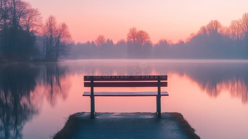 Serene Lakeside Banc Soleil Paisible Nature Paysage Atmosphère Paisible Aube Paisible Vue Calme illustration libre de droits