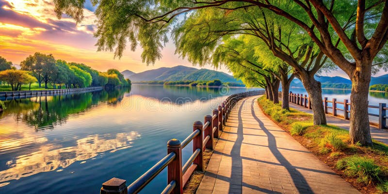 Serene Lakeside Stroll lungo il lago Majanghosu in Corea del Sud Una strada panoramica di AIGenerata per l'ispirazione ai viaggi illustrazione vettoriale