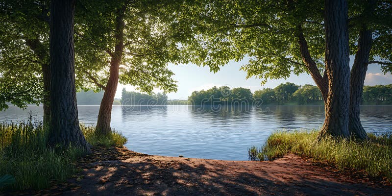 Serene Lakeside Vista Tranquil Nature Scene in Dawn stock illustratie