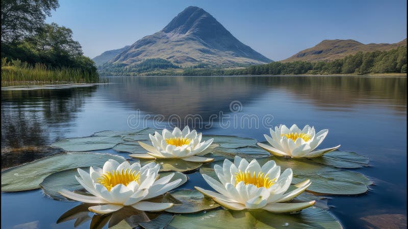 Serene Landscape Featuring a Mountain Lake and Water Lilies royalty free stock image