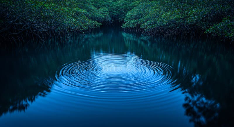A serene landscape featuring a river, bioluminescence, and mangrove trees stock photos