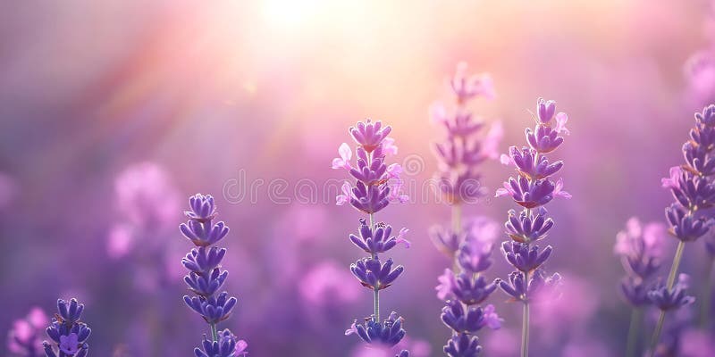 Serene Lavender Field: Tranquil Purple Flowers at Sunset stock illustration