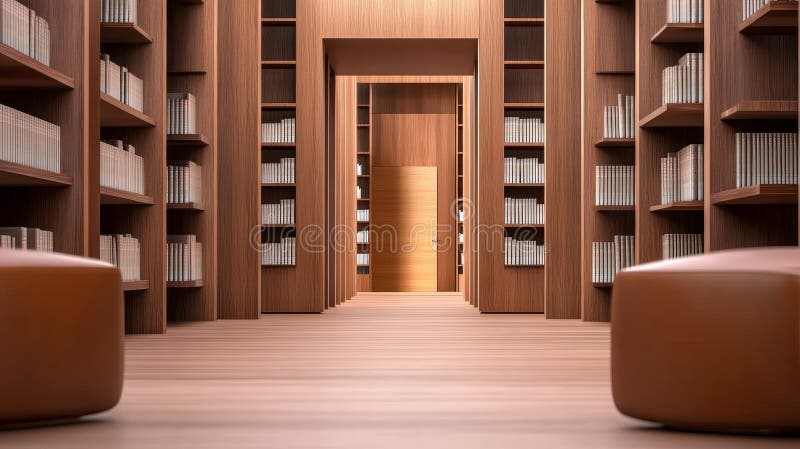 Serene Library Corridor Tranquil knowledge wisdom learning calm Wooden shelves books and quiet space stock illustration