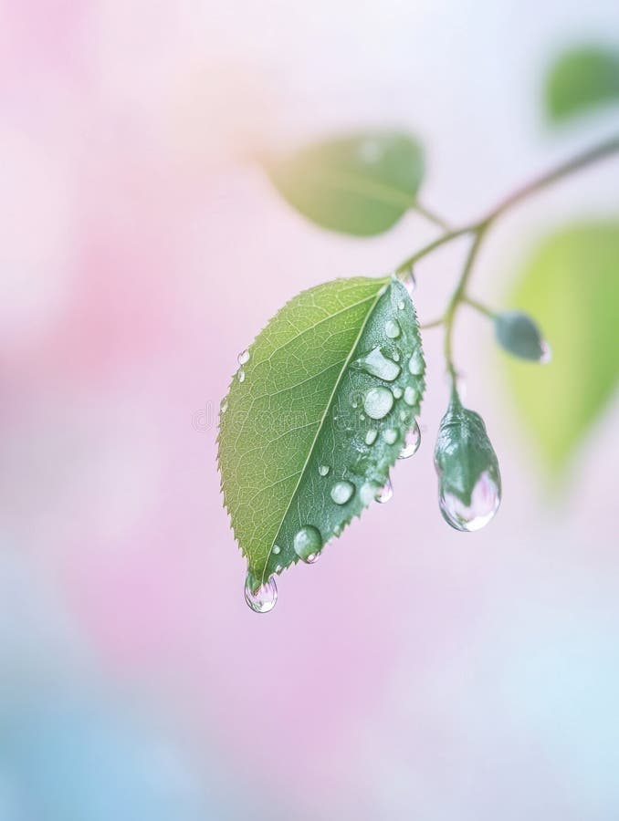 Serene macro capture of raindrops on leaf with soft pastel background vector illustration