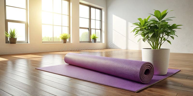 Serene Minimalistyczna Przestrzeń Jogi Uwolniona Mat Indoor Plant i Pokojowa Ambiance Zdjęcie z archiwum dla domu Fitness i ilustracja wektor