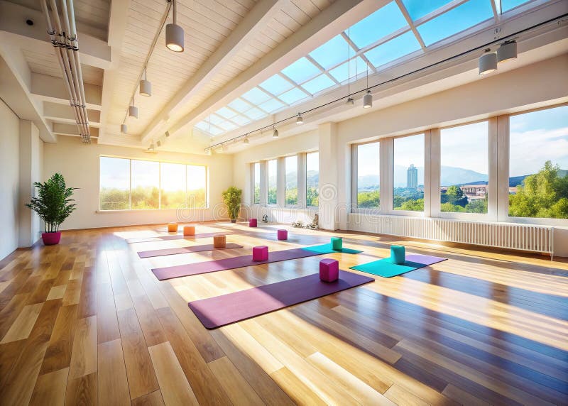 Serene Minimalistyczna Studio Jogi Perspektywa lotnicza Spokojnej Przestrzeni Wellness Kąpanej w naturalnym świetle słonecznym ilustracja wektor