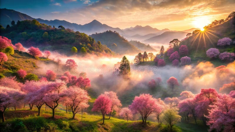 Serene Misty Mountain Valley dévoilée par d'enchanteresses fleurs de cerisiers roses Une escapade printanière dans un paysage pitt illustration stock