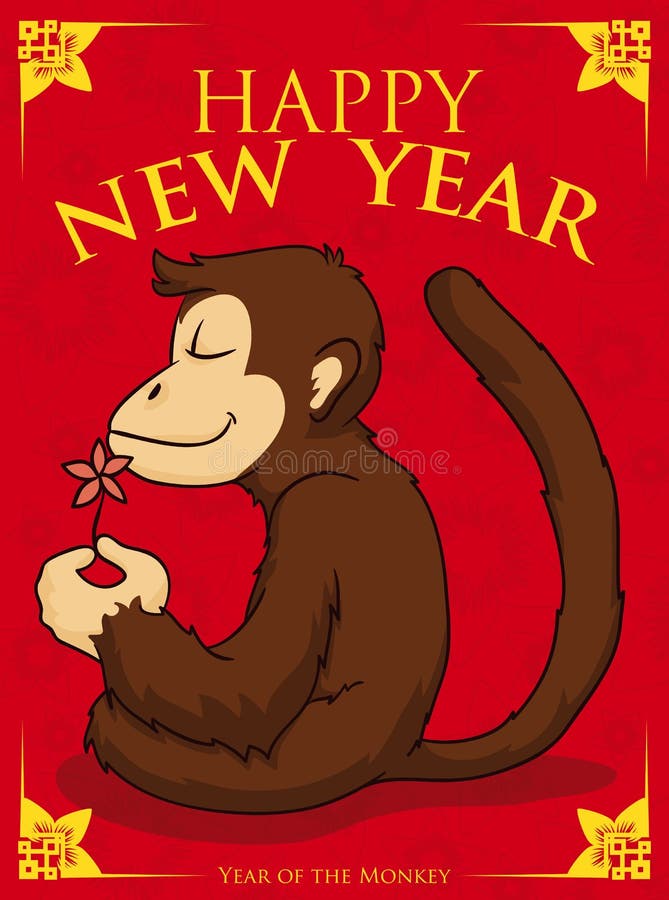 Serene monkey smelling a cherry flower in Chinese New Year poster royalty f...