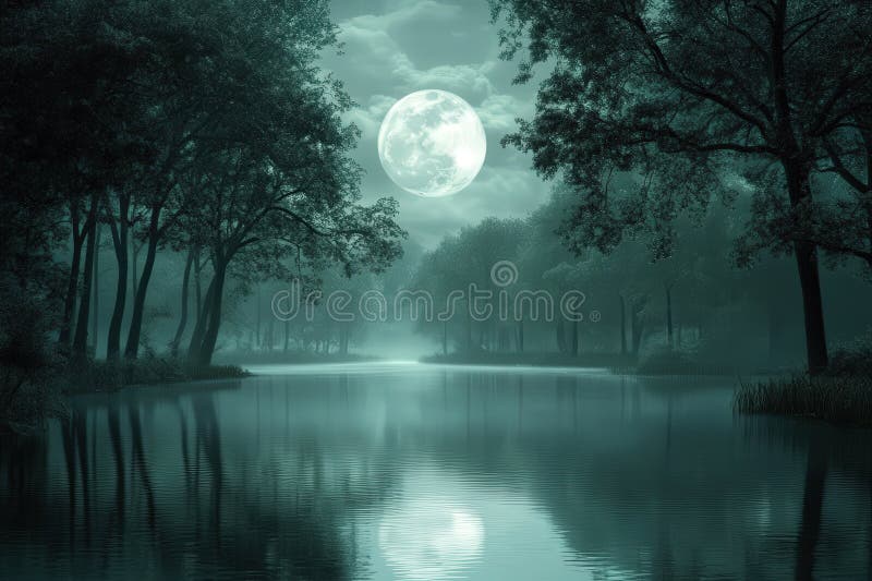 Moonlit lake in serene forest landscape at night royalty free stock images