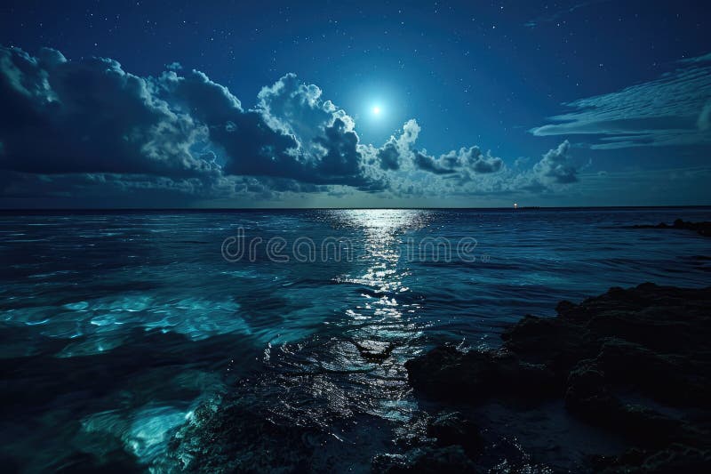 A serene moonlit scene featuring Bioluminescent plankton at the Maldives, royalty free stock photography.