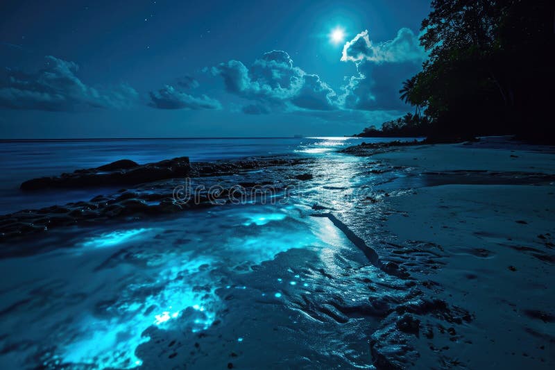 A serene moonlit scene featuring Bioluminescent plankton at the Maldives, stock photo.
