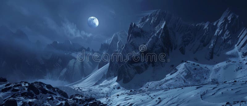 A serene moonlit scene highlighting the rugged textures of an alpine landscape blanketed in snow, with a backdrop of a stock image
