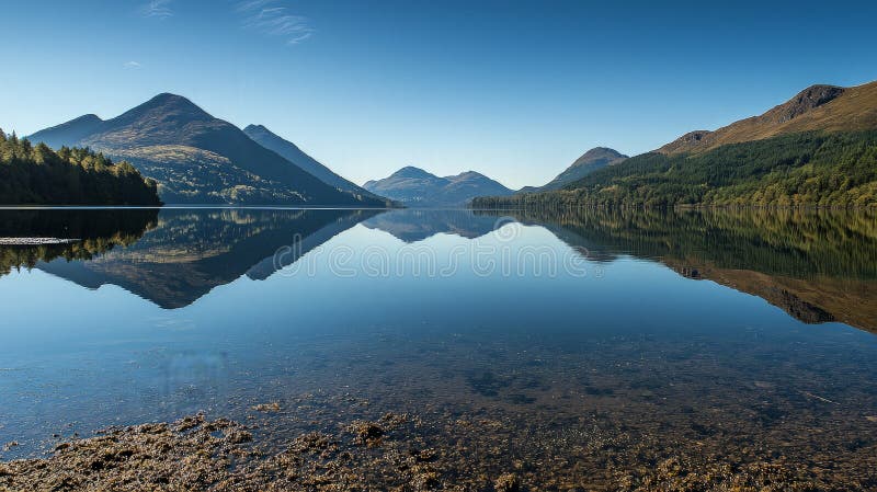 Serene mountain lake reflecting clear sky, tranquil waters, rocky shore royalty free stock image