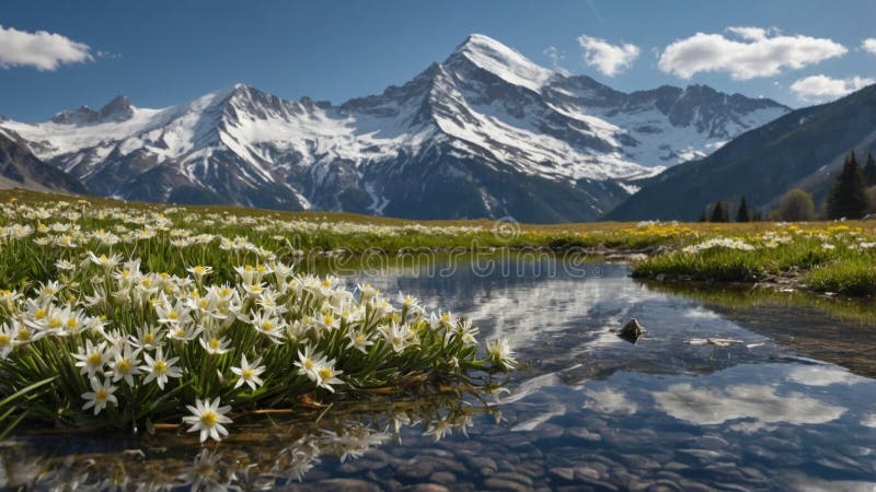 Mountain Meadow Reflection: Serene Alpine Landscape with Wildflowers and Snow-Capped Peaks royalty free illustration