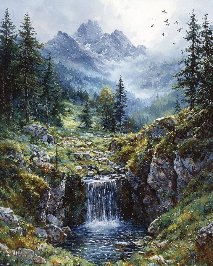 Mountain Waterfall Landscape Painting Stock Illustration