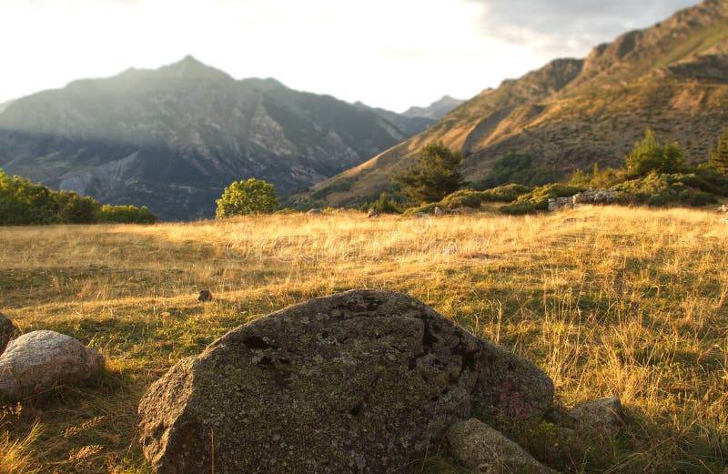 Serene Mountain Landscape with Golden Grass stock photos