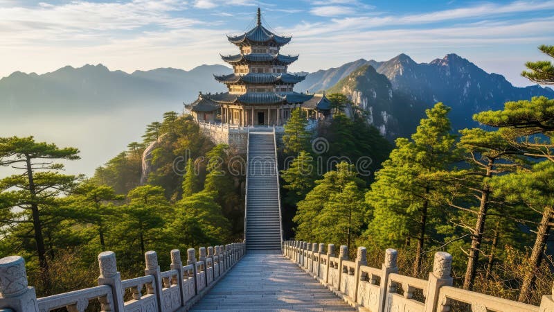 Serene mountain temple in traditional chinese architecture surrounded by lush forest stock image