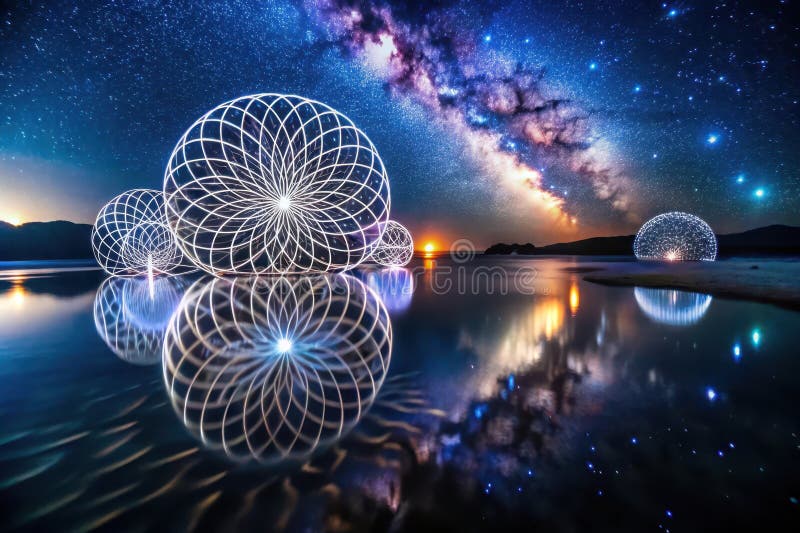 Serene night scene featuring illuminated geometric shapes reflected in tranquil waters under a breathtaking starry sky. Generative vector illustration
