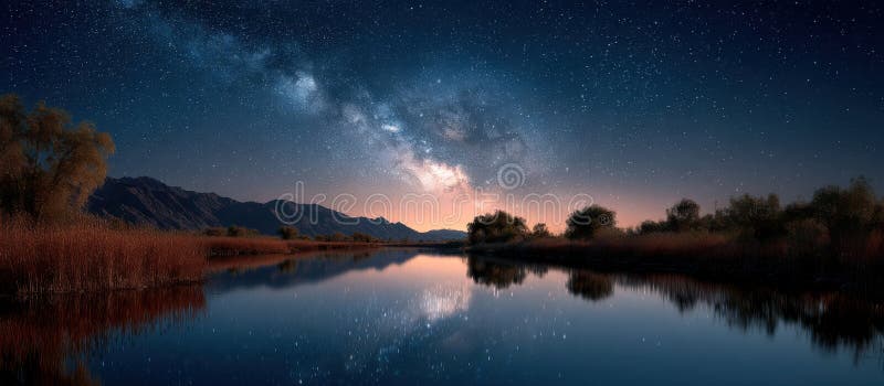 Serene Night Sky Reflection pe un râu calm vector illustration