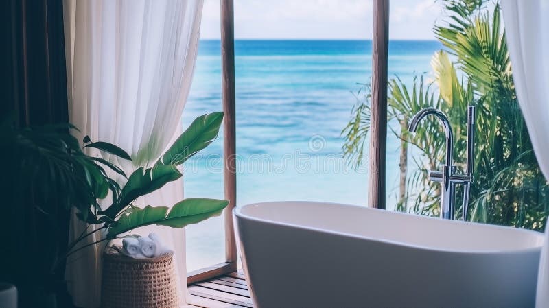 Serene Oceanview Bath Suite con elementi botanici tropicali creati con strumenti AI generativi illustrazione vettoriale