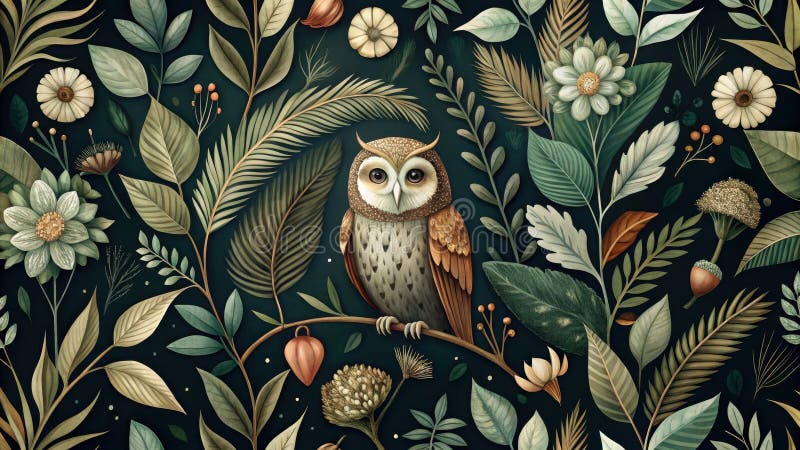 Serene owl amidst lush botanical tapestry a darkly enchansing floral and avian assembly. Generativ AI vektor illustrationer