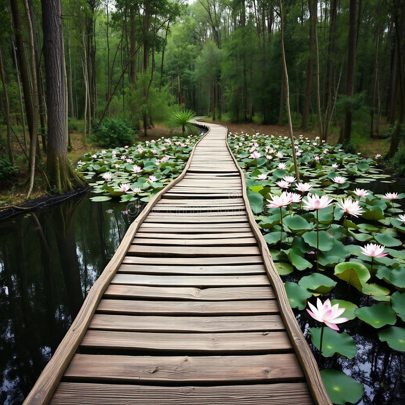 Serene Pathway junto a un apacible estanque con flores de Lotus fotos de archivo
