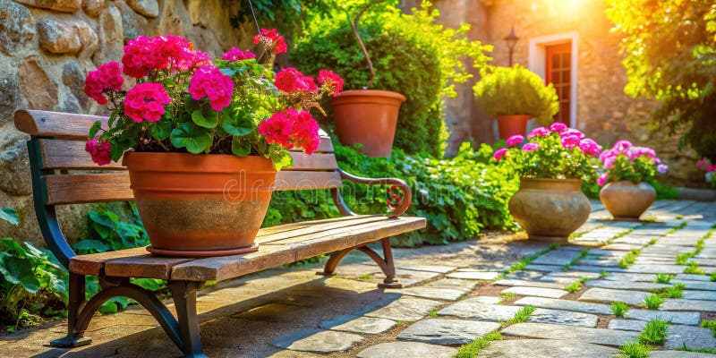 Serene Pink Geranium Garden Bench Мирный отдых на свежем воздухе для релаксации и разгадки в яркое лето бесплатная иллюстрация