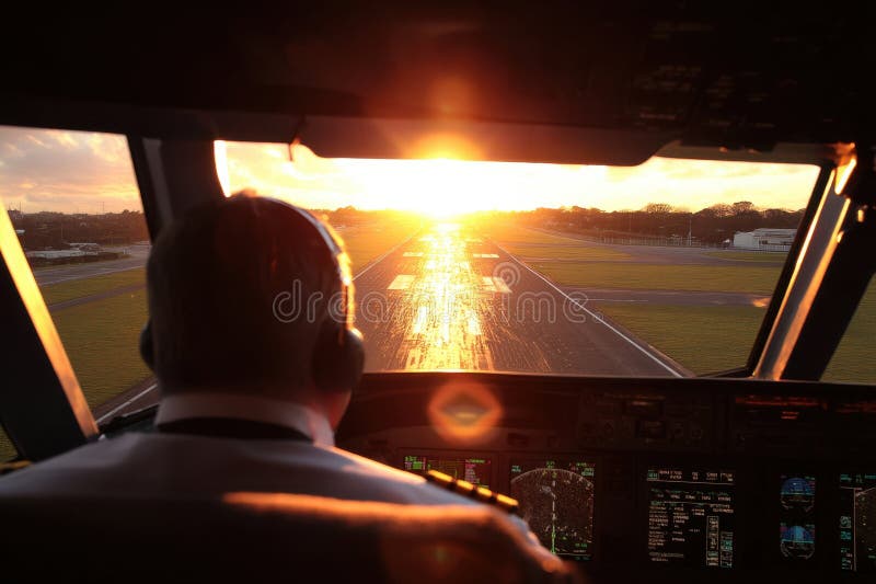 Serene Yet Powerful Moment of Pilot in Uniform Capturing Sunset on the Runway stock photography