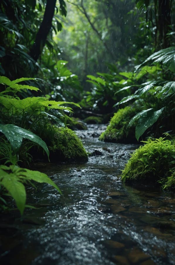 Serene Rainforest Stream passerar genom Lush Greenery under Gentle Rain stock illustrationer