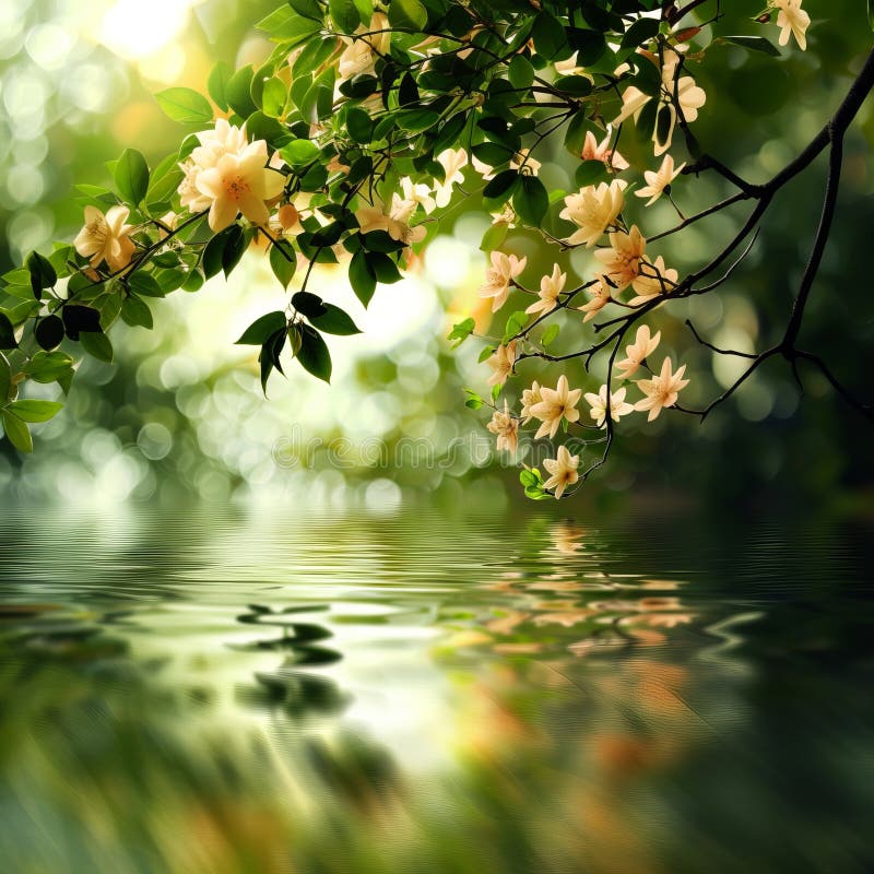 Serene reflection of delicate light yellow blossoms over calm water creating a tranquil nature scene royalty-vrije stock foto.