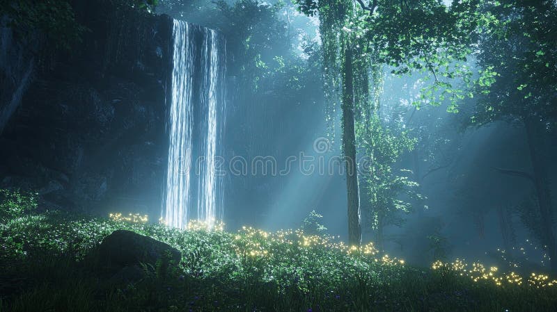 A serene representation of a glowing waterfall in a lush green forest royalty free stock photo