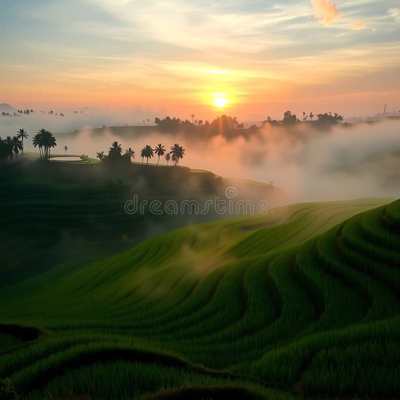 Serene Rice Terraces in Bali at Dawn stock images