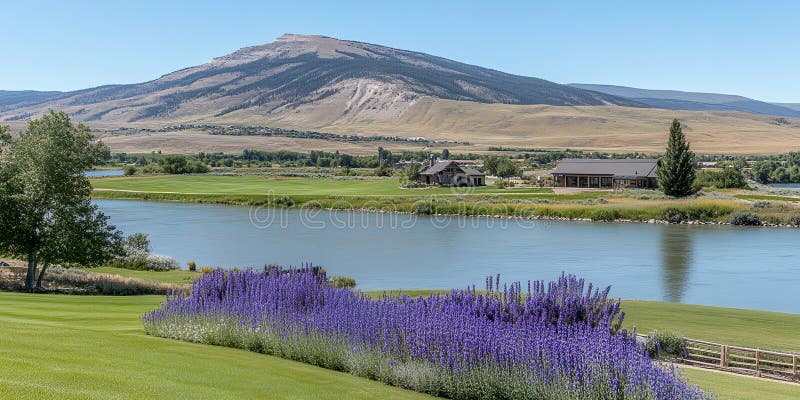 Serene River Mountain Golf Course Lavender Landscape vector illustration