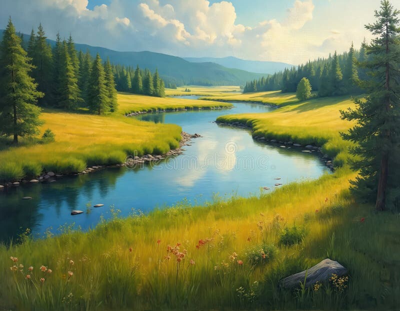 Serene river winds through grassy meadow bordered by pine forest. Sunny day with fluffy clouds. Peaceful landscape reflection in royalty free illustration