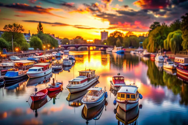 Serene River Σκηνή Εντυπωσιακή Φωτογραφία Κομψά Σκάφη Αγκυροβολημένα κατά μήκος γραφικού ποταμού Riverbank Ιδανικό για ταξιδιωτικέ απεικόνιση αποθεμάτων