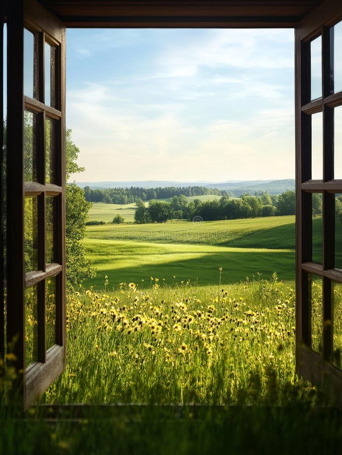Serene Rural Landscape Through Open Window a captivating view of a tranquil countryside with lush green fields and a distant vector illustration