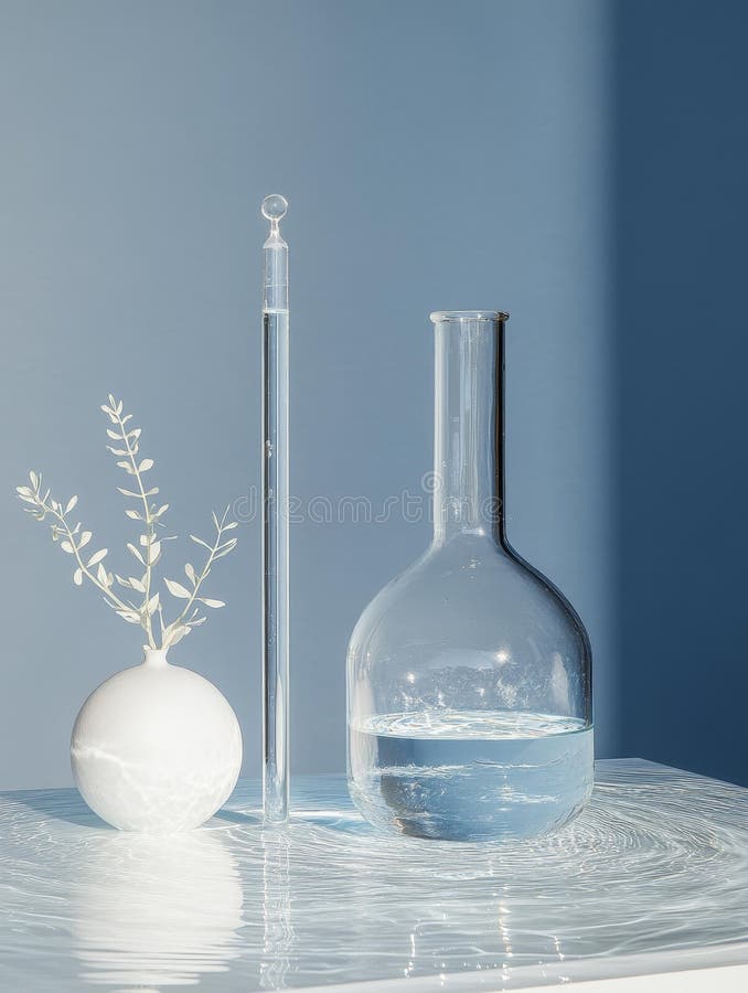 Serene science εξακολουθεί να ζει καθαρά εργαστηριακά γυάλινα σκεύη καθαρό νερό μινιμαλιστικό αισθητικό βοτανικό στοιχείο αντανακλ απεικόνιση αποθεμάτων