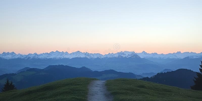 Serene Sonnenaufgang über majestätisch schneebedeckter Bergwanderweg stock abbildung