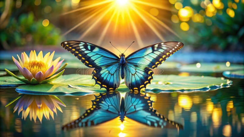 Serene sorge una vibrante farfalla blu su una pastiglia d'acqua riflessa in uno stagno calmo. Generative AI illustrazione di stock