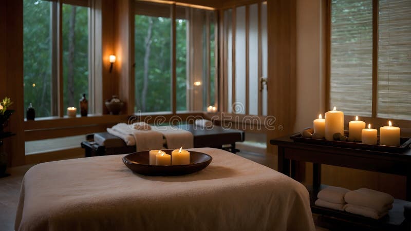 A serene spa room bathed in soft lighting creates a peaceful and calming atmosphere. A massage table is set up with soothing details, and a professional massage therapist is gently massaging a client’s back using essential oils. The environment is tranquil, with the natural scents and the gentle touch of the therapist contributing to a deeply relaxing experience. Pampering experience stock images, royalty-free photos and pictures