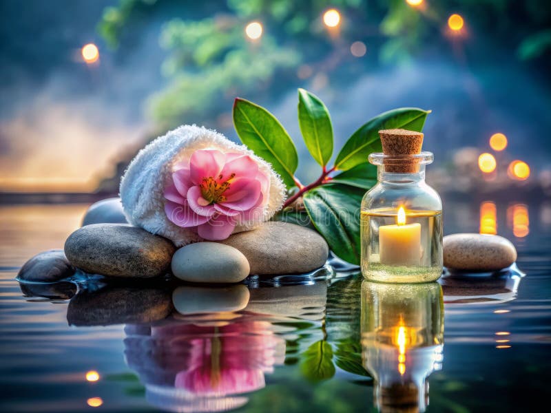 Serene spa ρύθμιση μακρογραφία φωτογραφία πετρών έλαιο καμελιά και πλωτή πετσέτα στο νερό απεικόνιση αποθεμάτων