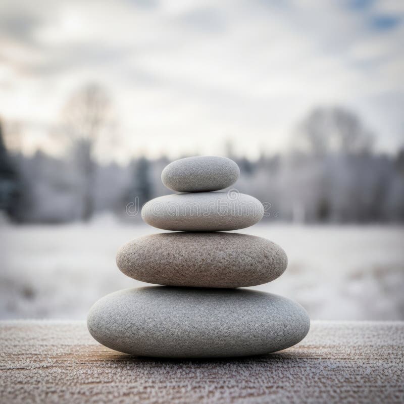Serene stack of stones in winter landscape stock illustration