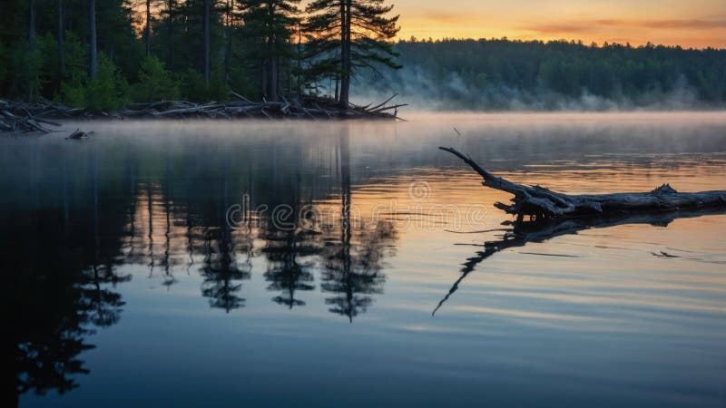 Serene Sunrise : Lago Misty con Reflexión de Log Caída libre illustration