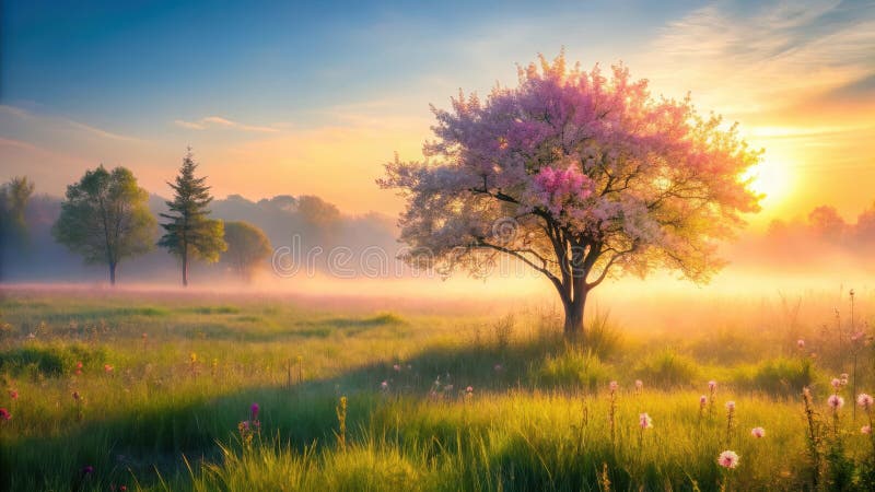 Serene sunrise meadow con un árbol floreciente y un ambiente neblinoso. IA generativa stock de ilustración