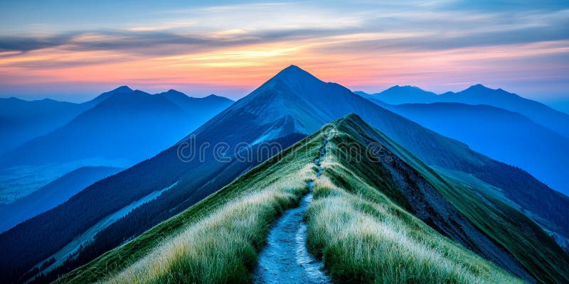 Serene Sunrise Mountain Ridge Trail atemberaubende Panoramasicht auf die majestätischen Berggipfel lizenzfreie abbildung