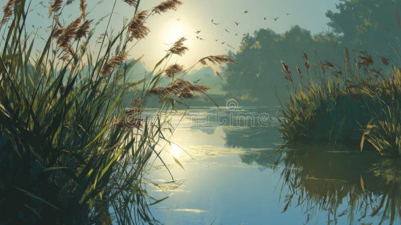 Serene Sunrise Over Calm Lake mit Reeds vektor abbildung